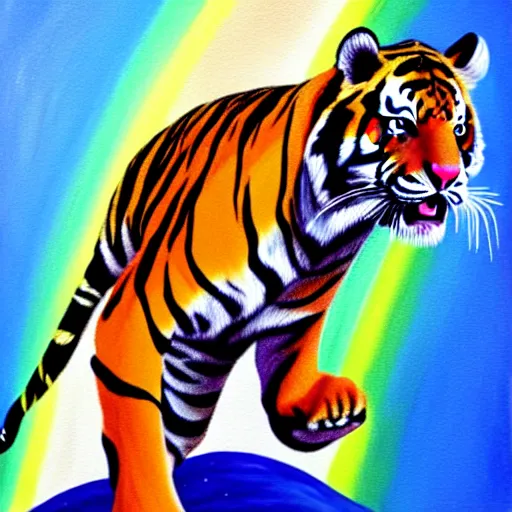 Image similar to painting of tiger running on rainbow