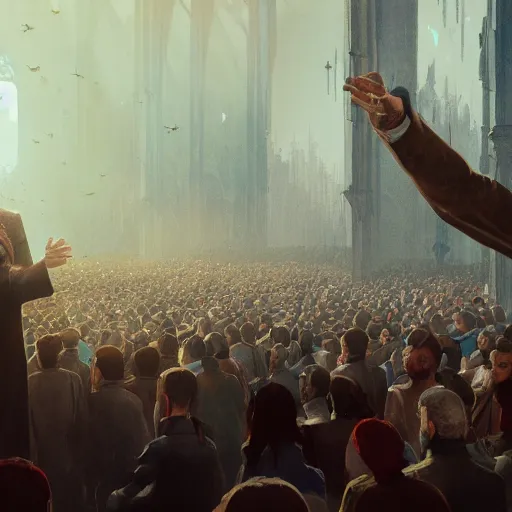 Prompt: pastor Dante Gebel giving a sermon message before a large crowd, artstation, Greg rutkowski, cinematic, digital Art