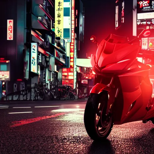 Prompt: ultra realistic render of Akira motorbike in the streets of Tokyo at night, octane render, cyberpunk, 8K, depth of field, bokeh, Akira moto, Akira red bike, ultra detailed, photorealistic