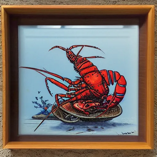 Prompt: lobster skater, inside a frame on a tiled wall, frontal picture, by yoichi hatakenaka, masamune shirow, josan gonzales and dan mumford, ayami kojima, takato yamamoto,