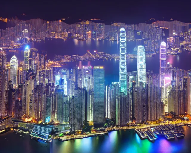 Image similar to 4 k hd, high resolution photograph of hong kong at night, shot with sigma f / 4. 2, 2 5 0 mm sharp lens, wide shot, high level texture render