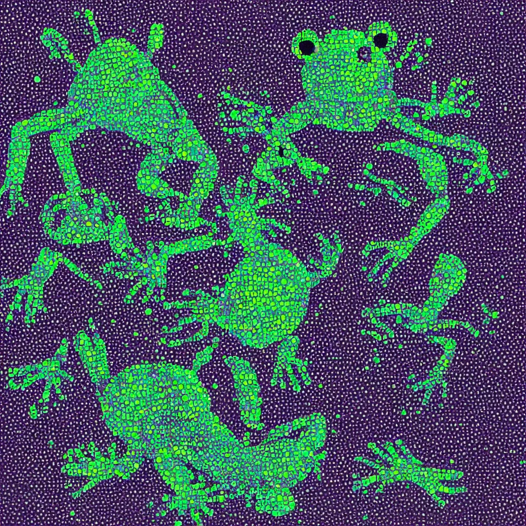 Prompt: toads, toad, glitches, shapes, artwork, abstract, acrylic, oil, clay, lines, vektroid, dots, drips, spots, tears, leaks, glitch, pixels, geometry, data, datamosh, data, motherboard, minimal, vinyl, binary, code, cybernetic, painting, dark, eerie, cyber