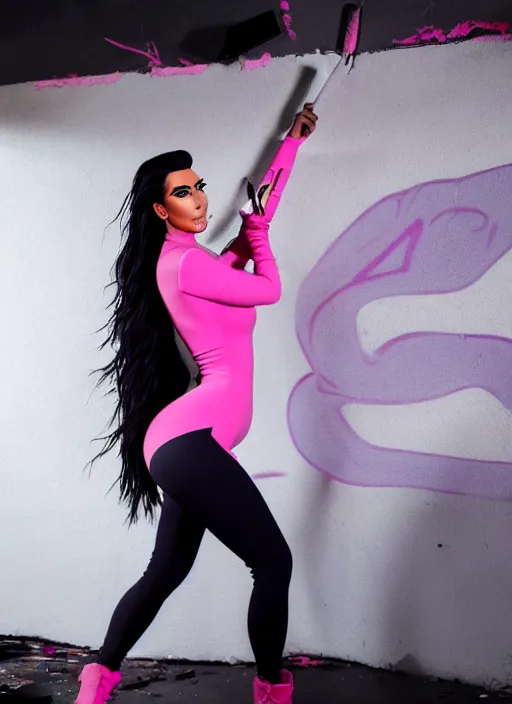 Prompt: kim kardashian doing a graffiti mural in a derelict room, dust, side-shot, pov from side, very tight white tiktok leggings with a pink v neck top, mold, intricate, epic lighting, cinematic composition, hyper realistic, 8k resolution, unreal engine 5