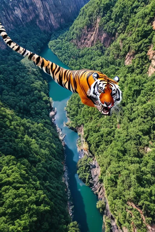 Prompt: bungee jump of a tiger flying with a large parachute jumping from a mountain cliff, wide angles lens