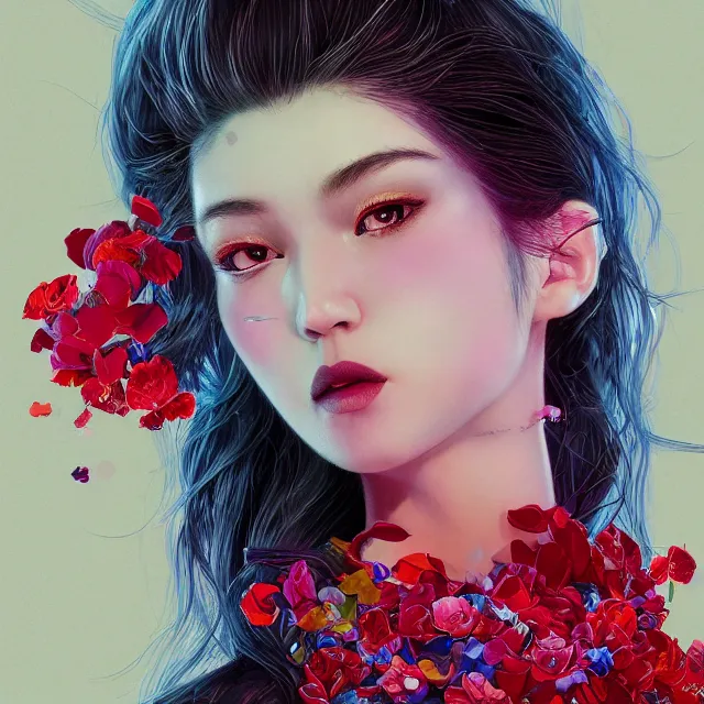 Image similar to studio portrait absurdly beautiful, elegant, graceful, young hypercolorful contrast sensual gravure idol rubies red petals gems, ultrafine hyperrealistic detailed face illustration by kim jung gi, irakli nadar, intricate linework, sharp focus, bright colors, matte, octopath traveler, final fantasy, unreal engine highly rendered, global illumination, radiant light, intricate environment