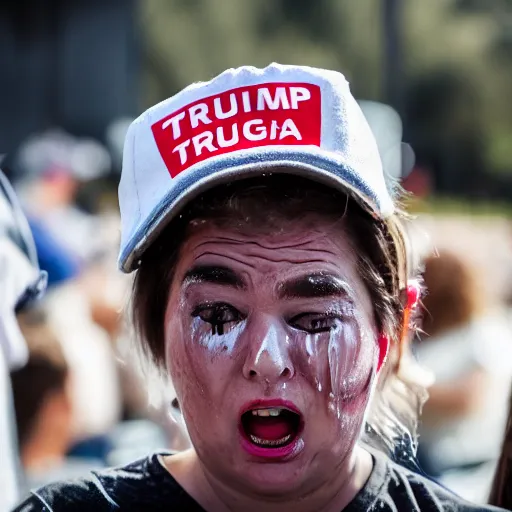 Image similar to photo still of a trump supporter crying, soaked in tears, mascara running down, street photography, maga hat, canon 7 0 - 2 0 0 mm lens f 2. 8