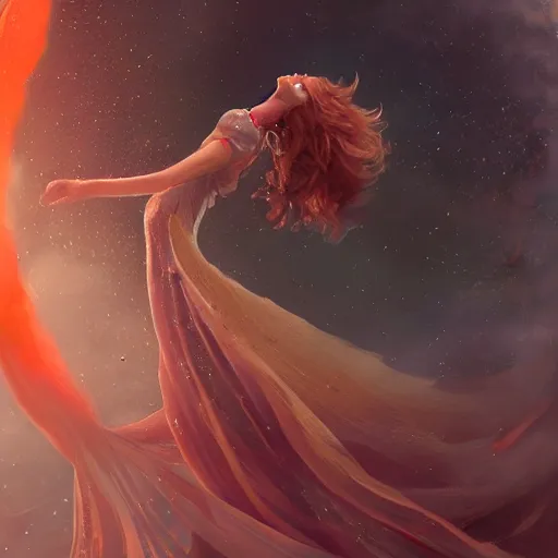 Prompt: A woman floats in midair, encircled by a ring of fire. She wears a crimson gown and her hair is wild and flowing. In her hands she holds a staff adorned with a large crystal ball, trending on artstation, by Lulu Chen and Mandy Jurgens