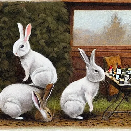 Prompt: rabbits drinking tea and playing chess. Painting of rabbits in sweaters by James Gurney (charming illustration of two cute rabbit gentlemen).