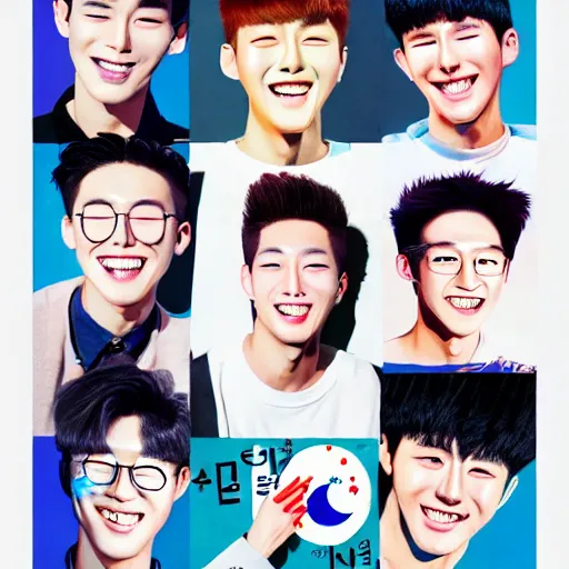 Prompt: handsome korean boys group smile to you - aesthetic, smooth painting, each individual seeds have ultra high detailed, 4 k, illustration, comical, acrylic paint style, pencil style, torn cosmo magazine style, pop art style, ultrarealism, by mike swiderek, jorge lacera, ben lo, tyler west