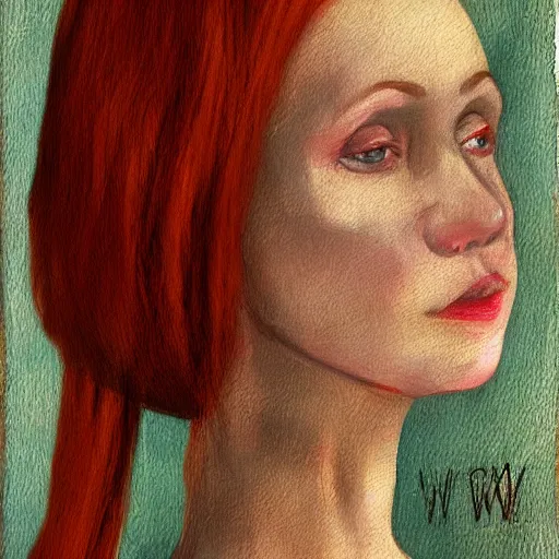 Prompt: portrait of a redhead woman by witkacy, mixed technique