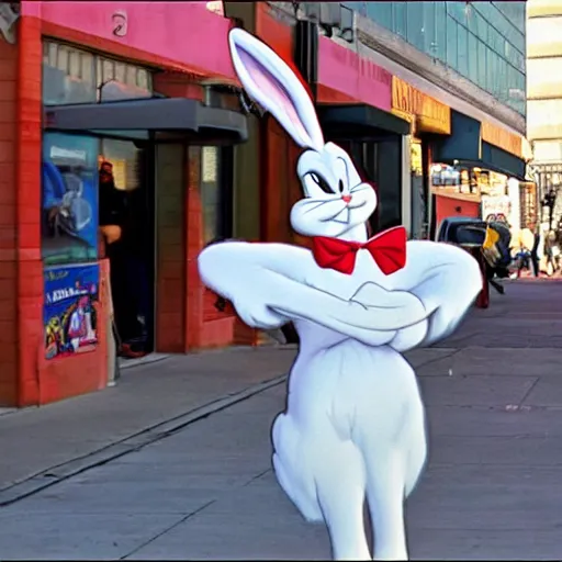 Image similar to bugs bunny 2040s street performer