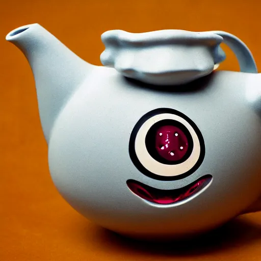Prompt: a melting teapot filled with eyeballs