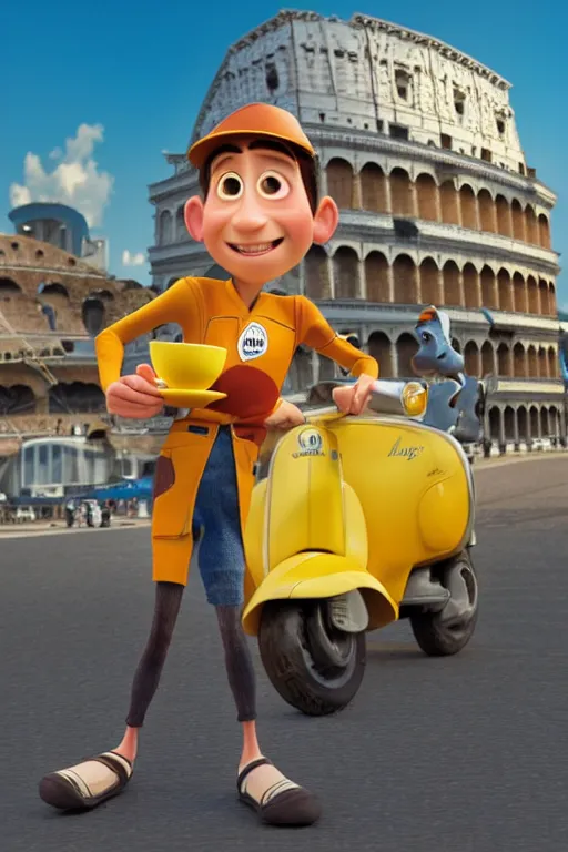 Prompt: portrait of a vespa boy holding a white tea cup with coliseum in background, full body. pixar disney 4 k 3 d render funny animation movie oscar winning trending on artstation and behance, ratatouille style