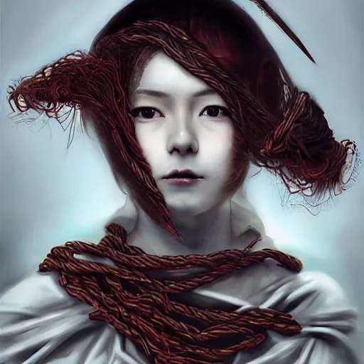 Image similar to portrait of a Shibari rope wrapped face and neck, headshot, insanely nice professional hair style, dramatic hair color, digital painting, of a old 15th century, young cyborg Rubber Nun, amber jewels, baroque, ornate clothing, scifi, realistic, hyperdetailed, chiaroscuro, concept art, art by Franz Hals and Jon Foster and Ayami Kojima and Amano and Karol Bak,