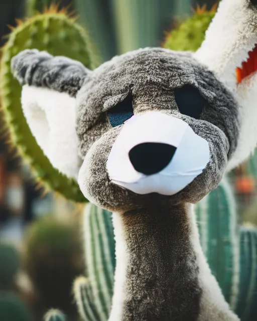 Prompt: portrait photo headshot still of a fursuit, 8 k, 8 5 mm f 1. 8, fursuit, made fur you, don't hug cacti