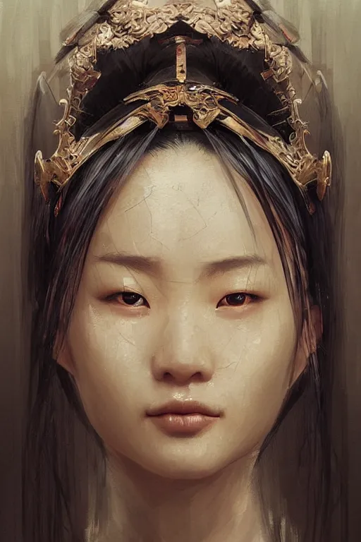 Image similar to a beautiful Chinese woman archer stares intently into the soul, beautiful bone structure, symmetrical facial features, intricate, elegant, digital painting, concept art, smooth, sharp focus, illustration by Ruan Jia and Mandy Jurgens and Artgerm and William-Adolphe Bouguerea