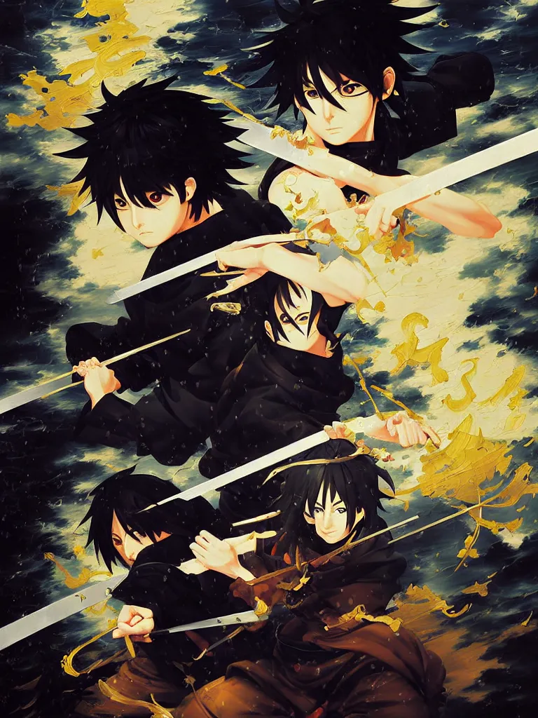 Image similar to baroque oil painting of key visual ninja duel, rain, rule of thirds golden ratio, fake detail, trending pixiv fanbox, acrylic palette knife, style of makoto shinkai takashi takeuchi yoshiyuki sadamoto