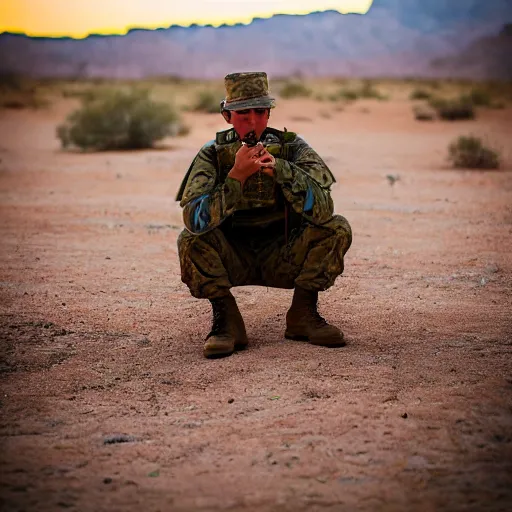 Image similar to portrait photography of soldier in the desert eating crayons, beautiful composition, ambient light