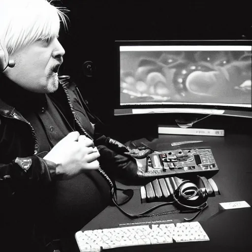 Prompt: obese Edgar Winter wearing a headset yelling at his monitor while playing WoW highly detailed wide angle lens 10:9 aspect ration award winning photography by David Lynch esoteric erasure head