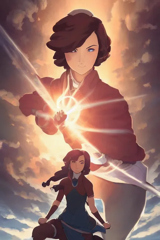 Prompt: Legend of Korra, poster, steampunk setting, soft lighting, atmospheric, cinematic, moody, in the style of Ilya Kuvshinov and Range Murata, Krenz Cushart, oil on canvas, 8k