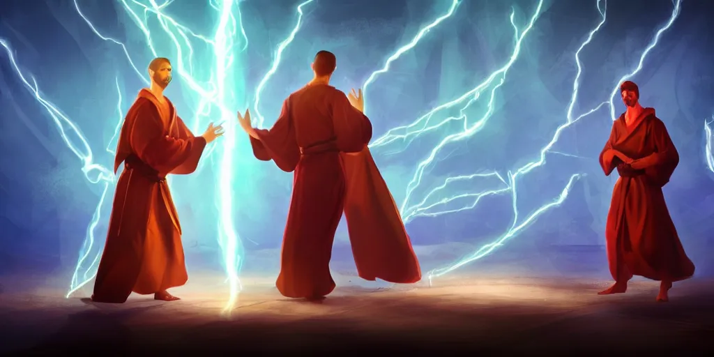 Prompt: two brother mages in robes, they are in a workshop in front of a desk working on a new spell that is casting out flowing energy. colorful, flowing energy, light rays, medium shot, waist up, sharp, concept art, highly detailed, bloom, dramatic lighting, cinematic, by dreamworks