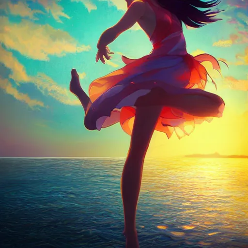 Prompt: A girl dancing on water, detailed facial features, evokes feelings of joy, beautiful flowing fabric, sunset, dramatic angle, realistic and detailed, by studio trigger, pixiv dslr photo by Makoto Shinkai rossdraws and Wojtek Fus