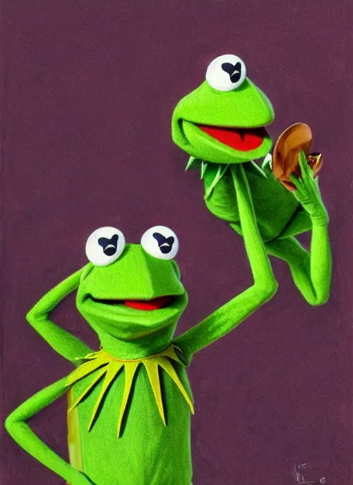 Image similar to portrait of a Deliriously happy and screaming Kermit the frog in Society (1989), highly detailed, centered, solid color background, digital painting, artstation, concept art, smooth, sharp focus, illustration, artgerm, donato giancola, Joseph Christian Leyendecker, Les Edwards, Ed Repka, WLOP, Artgerm