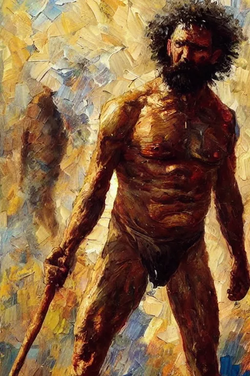 Image similar to highly detailed palette knife oil painting of a historically accurate depiction of the ancient biblical philistine giant warrior Goliath of Gath, fierce, menacing, by Peter Lindbergh, impressionistic brush strokes, painterly brushwork