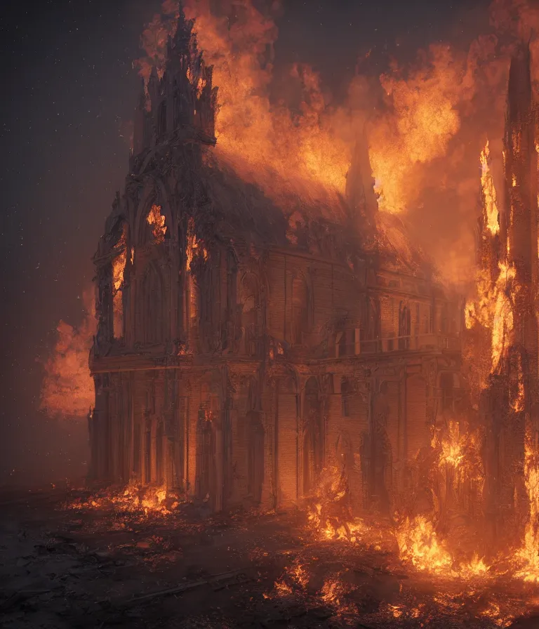 Image similar to a beautiful hyperrealistic detailed 3D render of a burning church, by genzoman, unreal engine, octane render, gigantic, 3D, brilliantly coloured, intricate, ultra wide angle, trending on artstation, embers, smoke, dust, dusk, volumetric lighting, HDR, polished, micro details, ray tracing, 8k