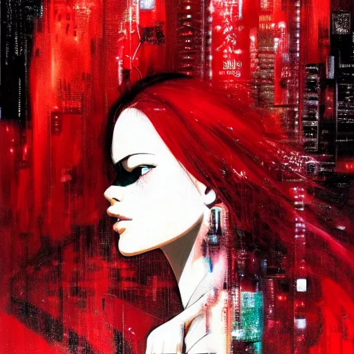 Image similar to portrait of a daydreaming melancholic latin woman in red habit being progressively rasterized into pixels from another world, she is surrounded by digital birds and a giant loving neon mecha robot is besides her, oil on canvas game poster by yoji shinkawa, esao andrews, dave mckean and stina persson