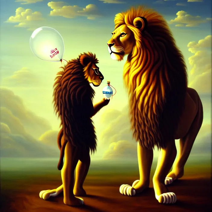 Image similar to a painting of an anthropomorphic male lion scientist researching balloon physics, oil on canvas, furry, soft lighting, sharp focus