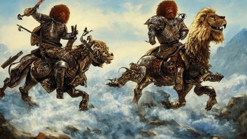 Image similar to fully armored knight wielding an automatic weapon fighting a lion in a medieval setting, painted by bob ross