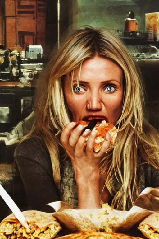 Image similar to portrait of cameron diaz eating a burrito in a post apocalyptic place, hyperealistic by dali