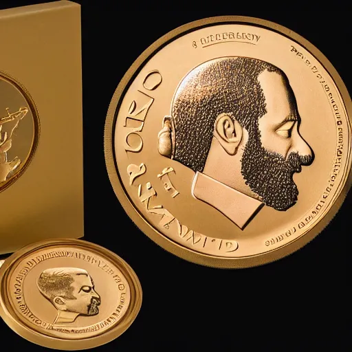 Prompt: A photograph of an unwrapped high quality swiss chocolate coin that is engraved with a portrait of a young bearded leon redbone smoking a cigar, highly detailed, close-up product photo, depth of field, sharp focus, appetizing, foil nearby