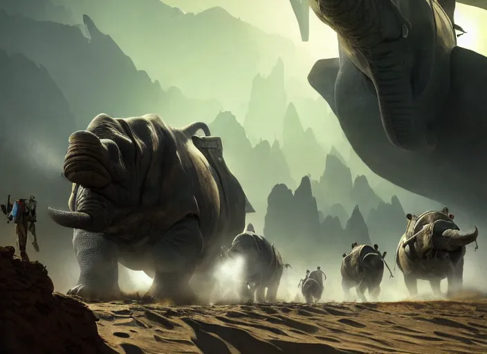 Prompt: the big large expedition with a crowd of adventurers being brought by gigantic transport rhinos carrying stuff towards the desert of duhnes medium shot, key art by craig mullins, bloom, dramatic lighting, cinematic, high details