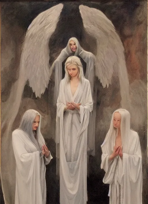 Image similar to single thin angel with silver hair so pale and wan!, thin!, wearing robes, covered in robes, lone pale wan feminine goddess, wearing silver robes, flowing hair, pale skin, young cute face, covered!!, clothed! oil on canvas, style of lucien levy - dhurmer and jean deville, 4 k resolution, aesthetic!, mystery