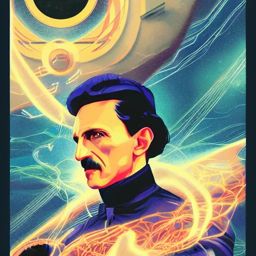 Image similar to majestic futuristic visionary inventor nikola tesla tarot card by sachin teng, artgerm, darius zawadzki, masterpiece, organic painting, matte painting, technical geometrical drawing shapes, swirling lightning electricity bolt, hard edges, graffiti, movie poster art by sachin teng, artstation trending