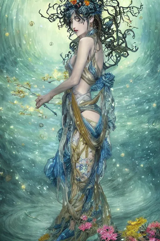 Prompt: breathtaking detailed anime painting of a dryad in a pond with koi fish and intricate flowers of light, gauze dress draped of fireflies and art nouveau golden ribbons, soft blue tones, in style of yoji shinkawa and hyung - tae kim, trending on artstation, dark fantasy, great composition, concept art, highly detailed, dynamic pose,