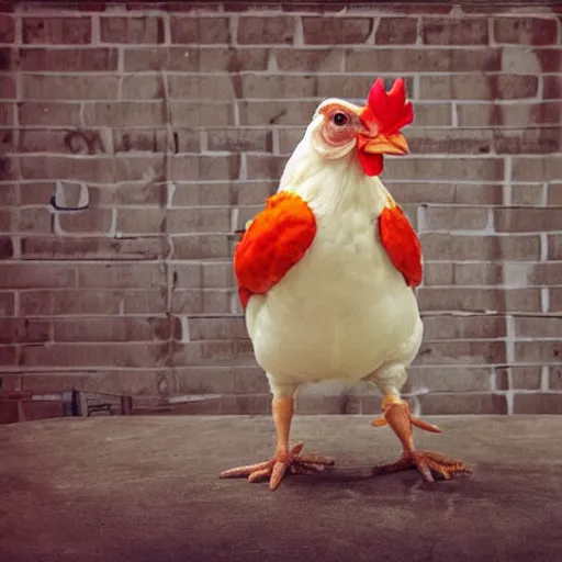 Image similar to chicken dressed as an inmate, real photography, police statiom