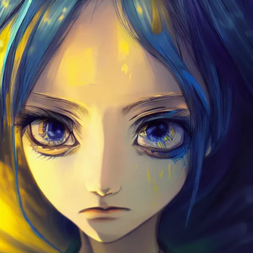 Image similar to a portrait of anime ukrainian blue and yellow girl, scared and crying, concept art, trending on artstation, highly detailed, intricate, sharp focus, digital art, 8 k