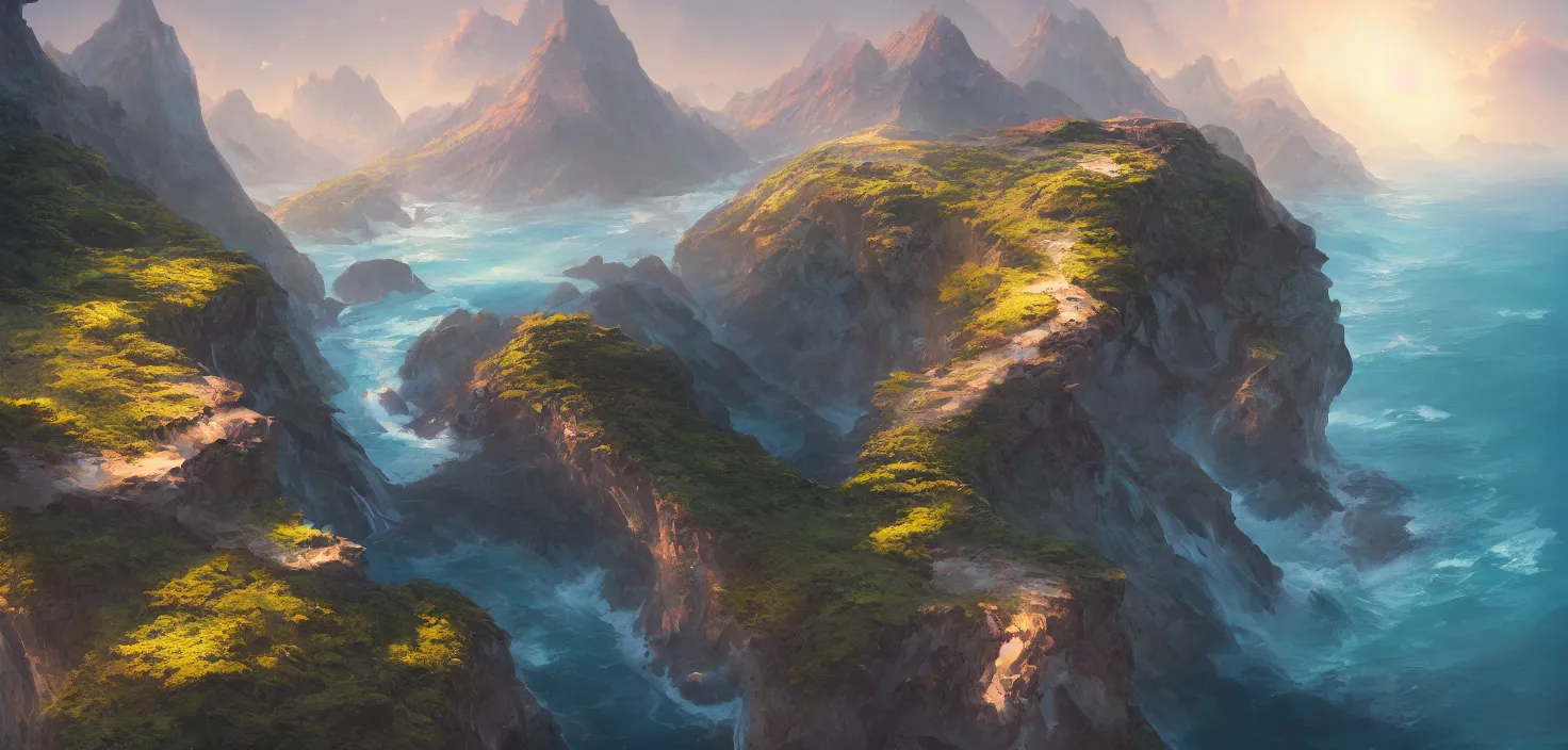 Image similar to nature landscape, aerial view, drone photography, cinematic, mountains and ocean, trending on artstation, by jordan grimmer, art greg rutkowski