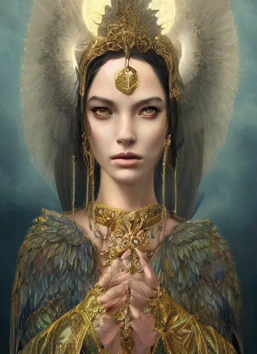 Image similar to A beautiful digital painting of a female Seraphim full of jewels, princess, the moon behind her, intricate, cinematic lighting, highly detailed, digital painting, Artstation, concept art, smooth, sharp focus, illustration, art by Tom Bagshaw, Artgerm and Greg Rutkowski