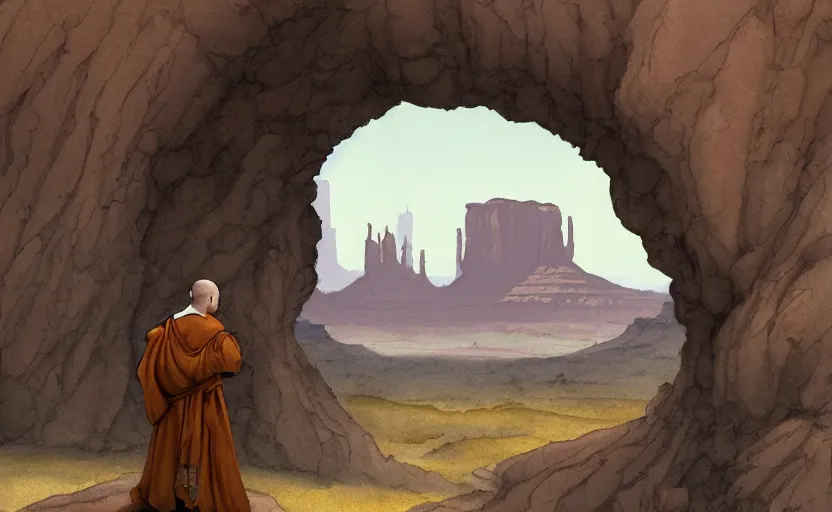 Image similar to a hyperrealist watercolor concept art of a medieval monk in grey robes in monument valley looking through a small rock arch at a castle from an alien world. very muted colors, by rebecca guay, michael kaluta, charles vess. high detail, hq, wide shot, 4 k