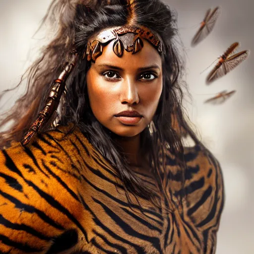 Image similar to a majestic brown warrior woman wearing a dragonfly armor. woman is face to face with a tiger. studio portrait. photorealistic.