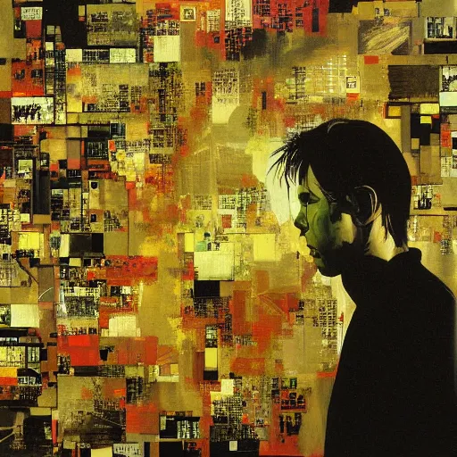 Image similar to a thrush wandering within the virtual realms of urban informatics and computational social science, oil on canvas by dave mckean and yoji shinkawa