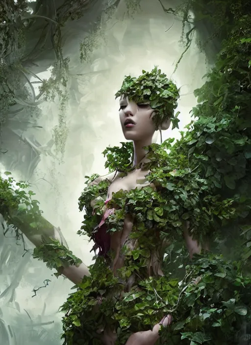 Image similar to portrait of a futuristic geisha cyborg overgrown with ivy, modern fine art, fractal, intricate, elegant, highly detailed, digital photography, subsurface scattering, by jheronimus bosch and greg rutkowski,