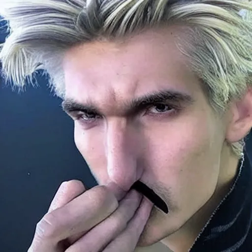 Image similar to a closeup photo of handsome gigachad xqc smoking