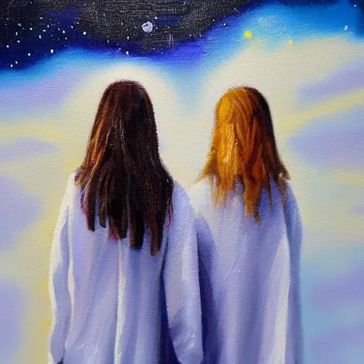 Prompt: detailed oil painting of a 👭 on 🌨️ at 🌌