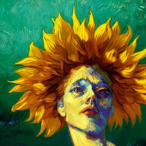 Image similar to closeup, giant sunflower head, woman standing in a room, surreal, dramatic light, impressionist painting, digital painting, artstation, van gogh