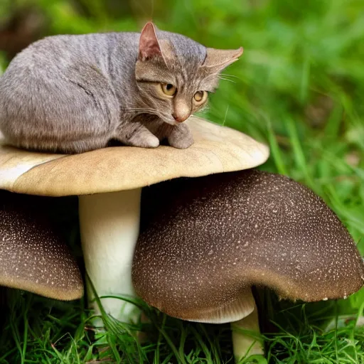 Image similar to a small domestic housecat with a flat mushroom growing atop its head